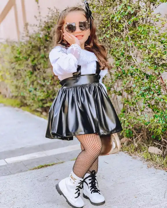 Lacy Charm Shirt & Leather Strap Skirt Set