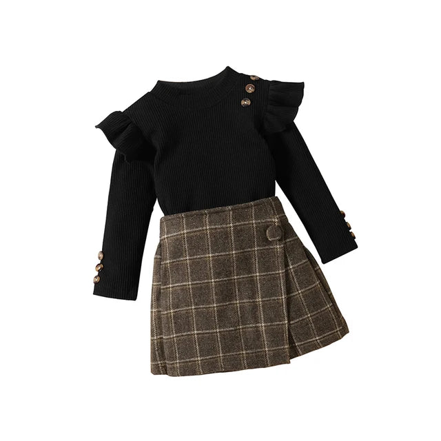 Ribbed Top and Plaid Skirt Set