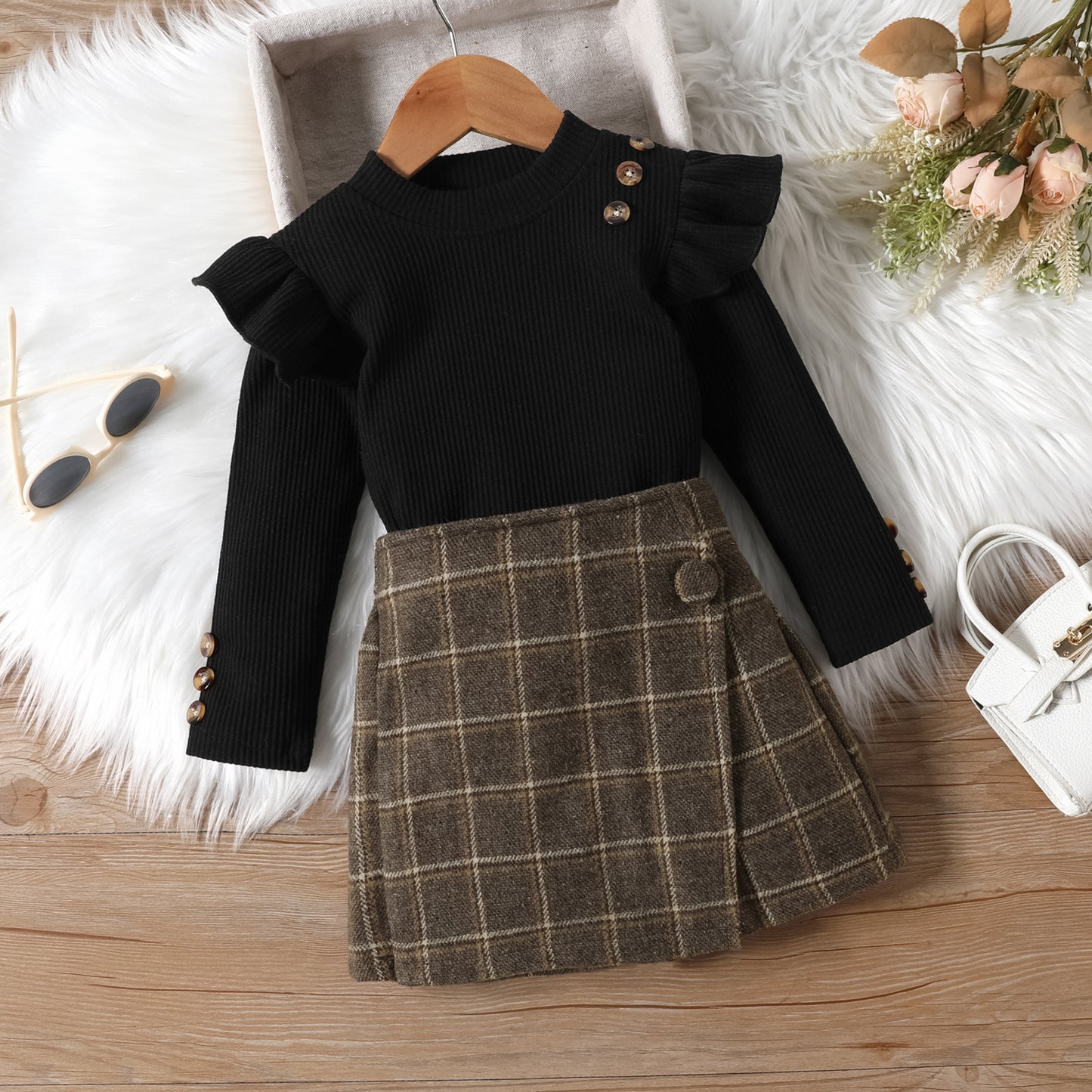 Ribbed Top and Plaid Skirt Set
