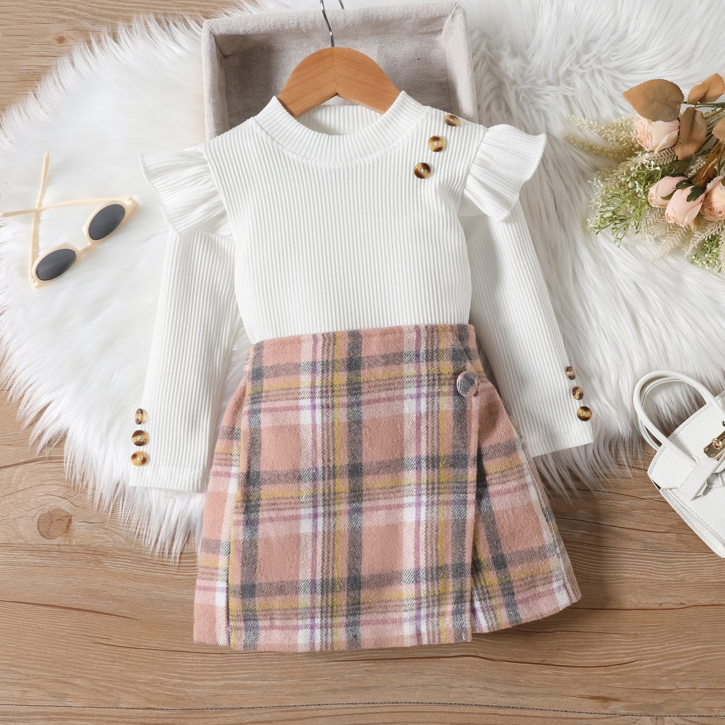 Long Sleeve Ribbed Top and Plaid Skirt