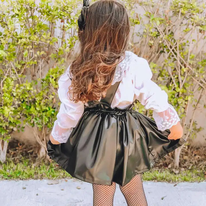 Lacy Charm Shirt & Leather Strap Skirt Set