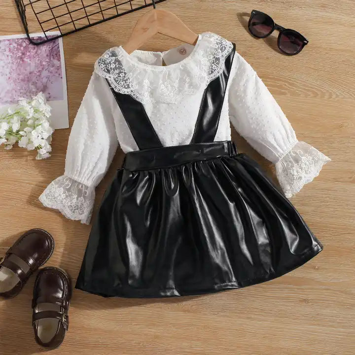 Lacy Charm Shirt & Leather Strap Skirt Set