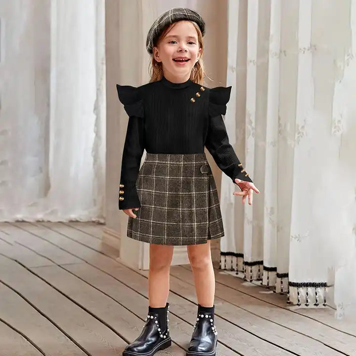 Ribbed Top and Plaid Skirt Set