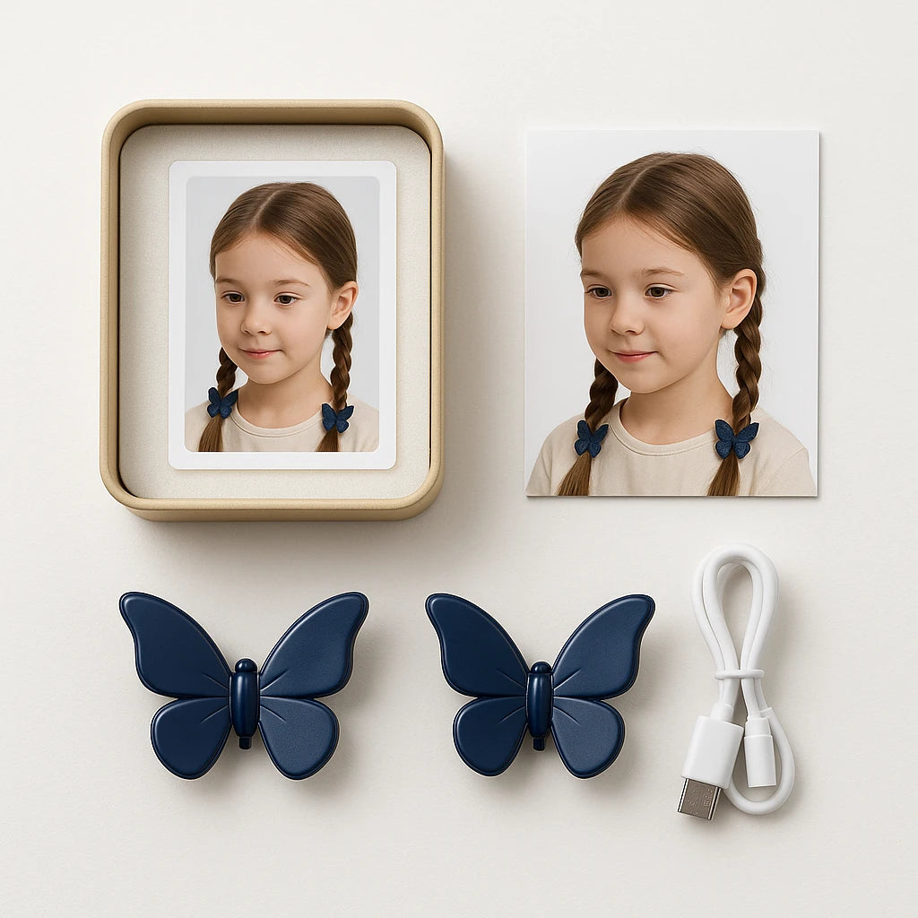 Display of two butterfly hair clips arranged on a white background, emphasizing their playful design.
