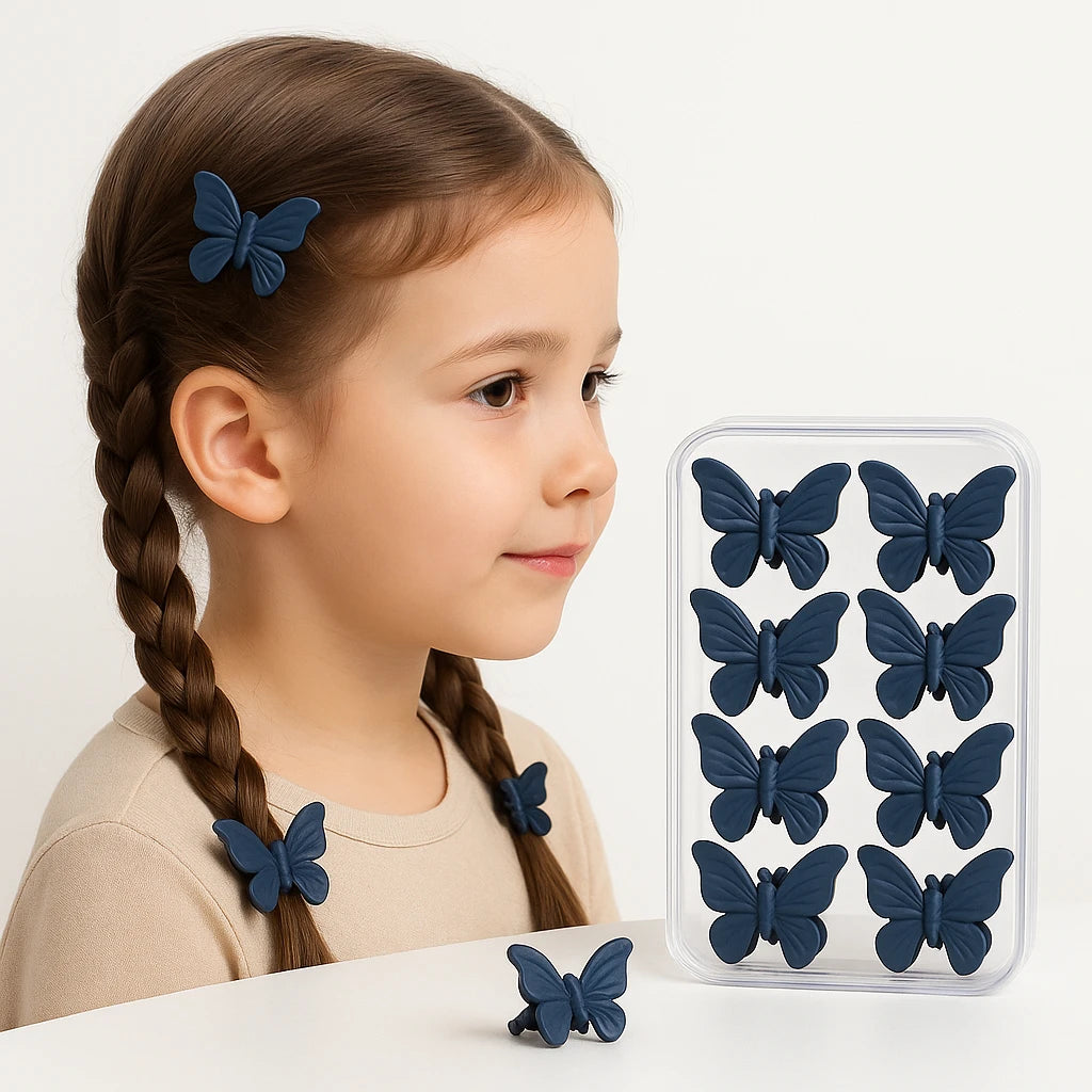 Two butterfly hair clips in pastel colors, featuring a silk bow design, suitable for girls.