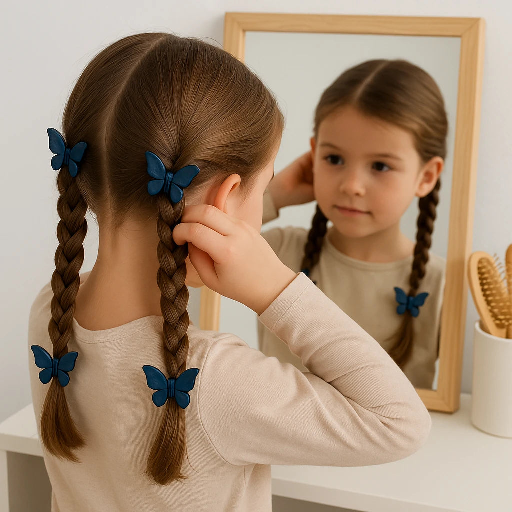 Display of two butterfly hair clips arranged on a white background, emphasizing their playful design.