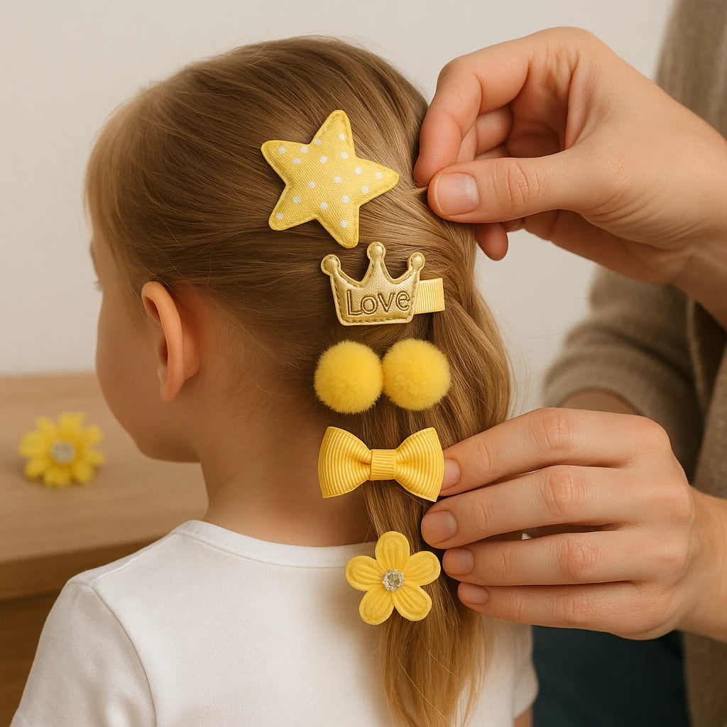 Child's hair being styled with yellow hair accessories including a star, bow, and flowers.